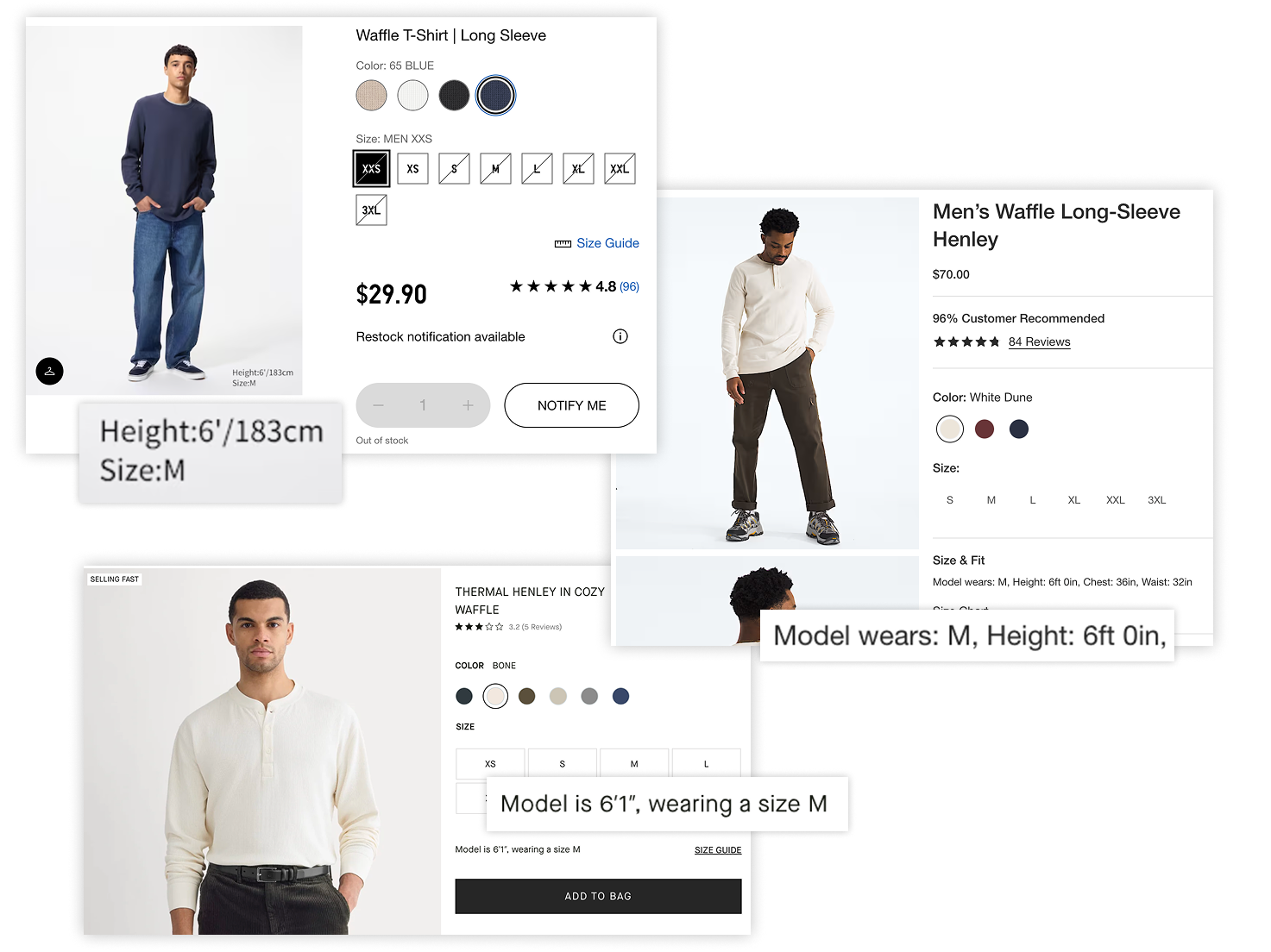 Sweaters from other retailers, all of which have models 6 feet or taller wearing size Medium