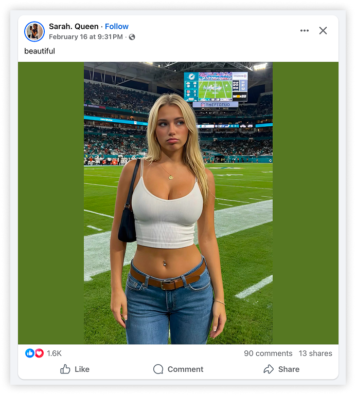 Facebook post of an AI photo of a woman in a football stadium
