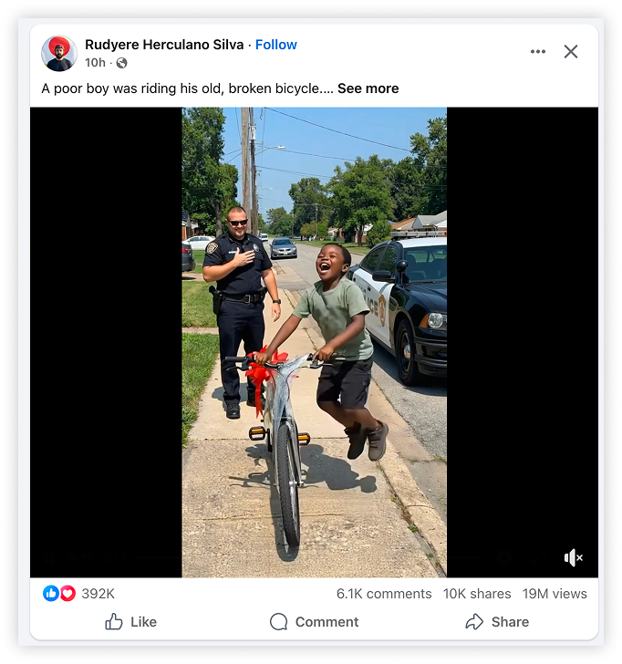 Facebook post of an AI generated video with a policeman and child
