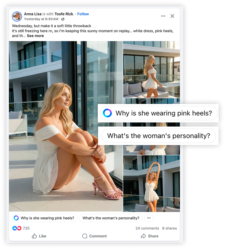 Facebook post with photos of a woman in a short dress, possibly AI. Suggested AT prompts are: why is she wearing pink heels? What is the woman's personality?