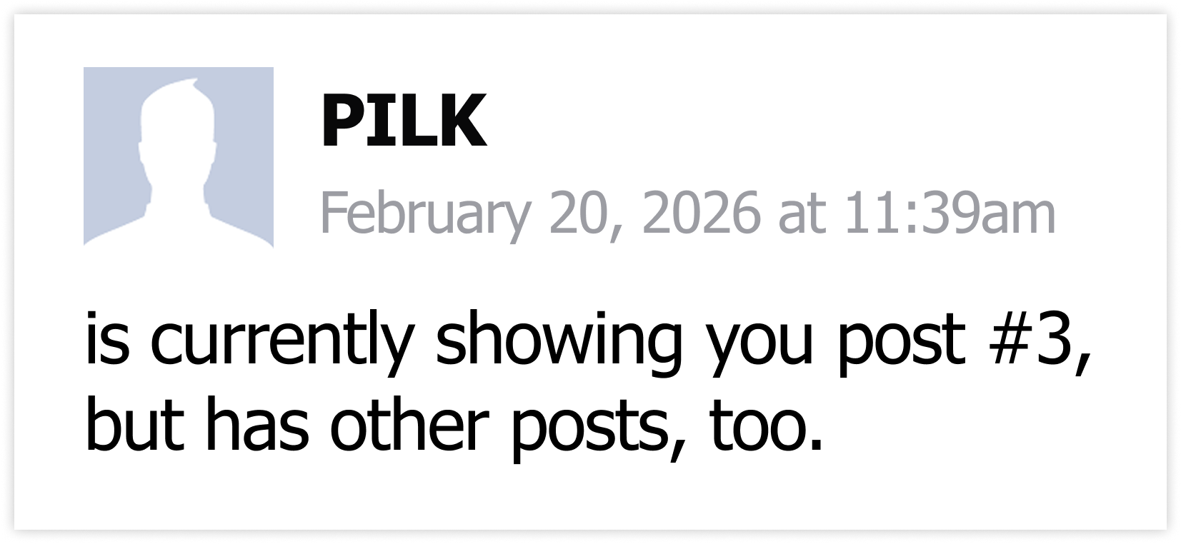 Facebook status showing this is post #3 - February 20, 2026