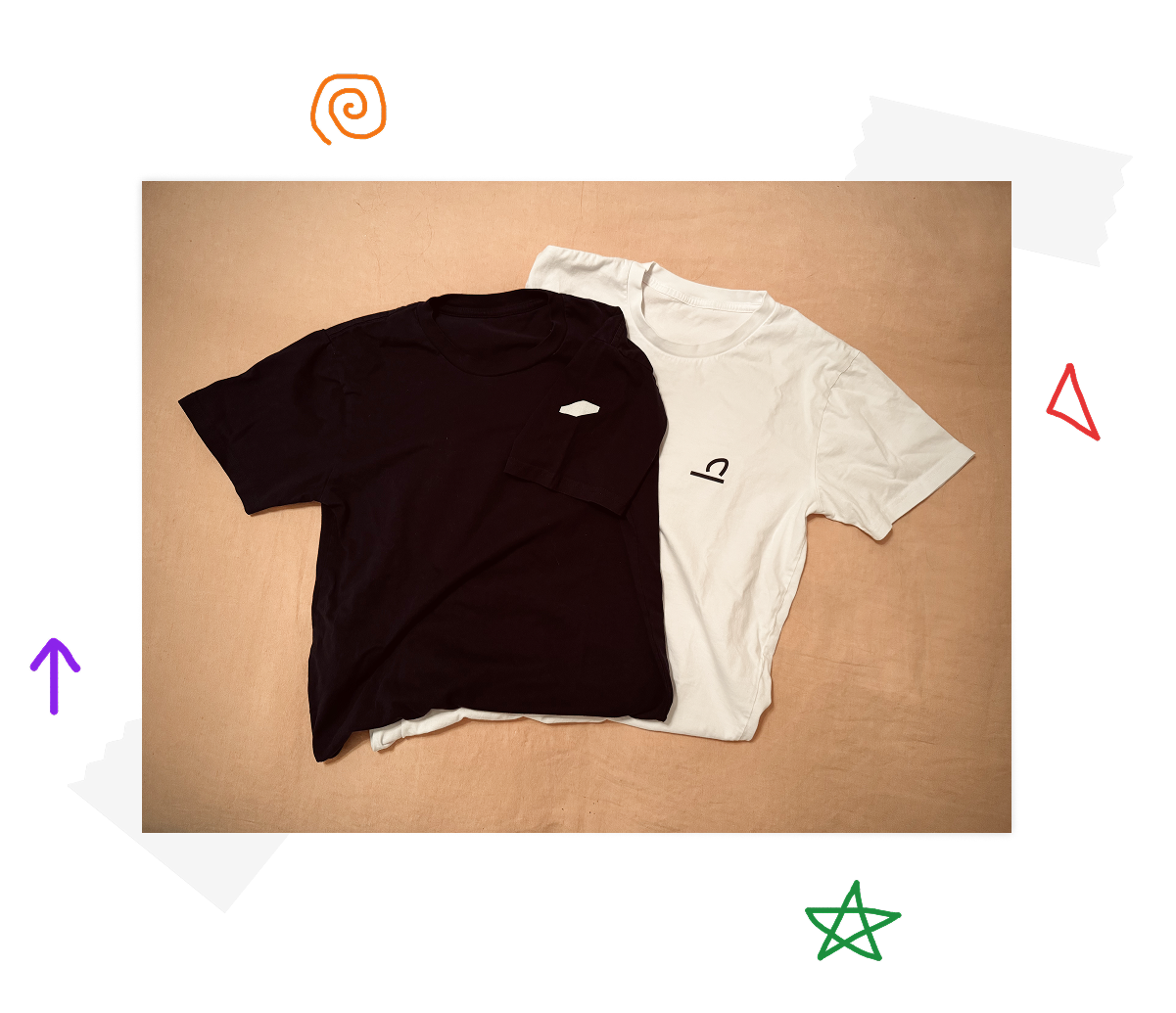 A black and white shirt with abstract doodles as logos