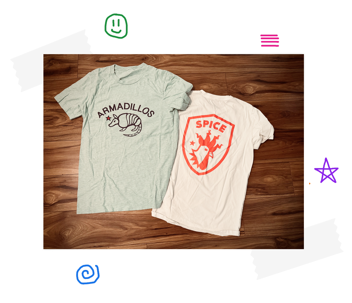 Two t-shirts with custom logos for the Armadillos and the Spice
