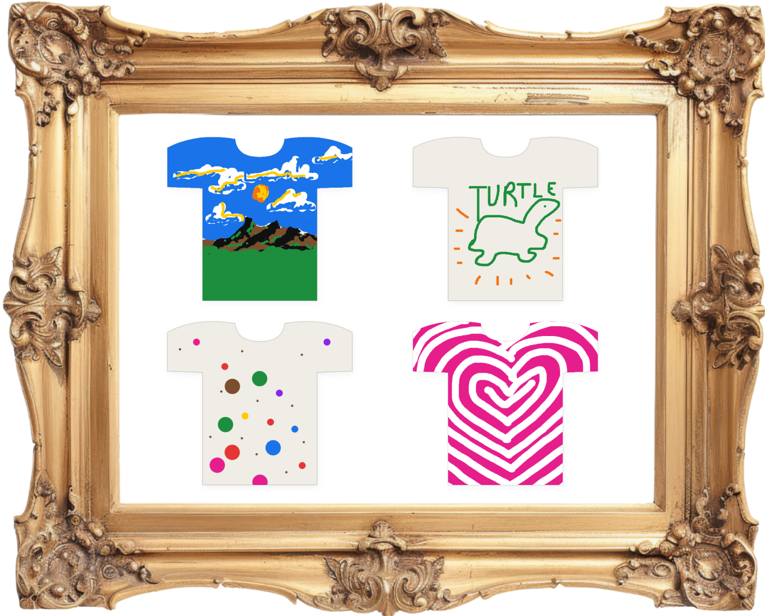 Four T-shirts displayed in an ornate gold frame