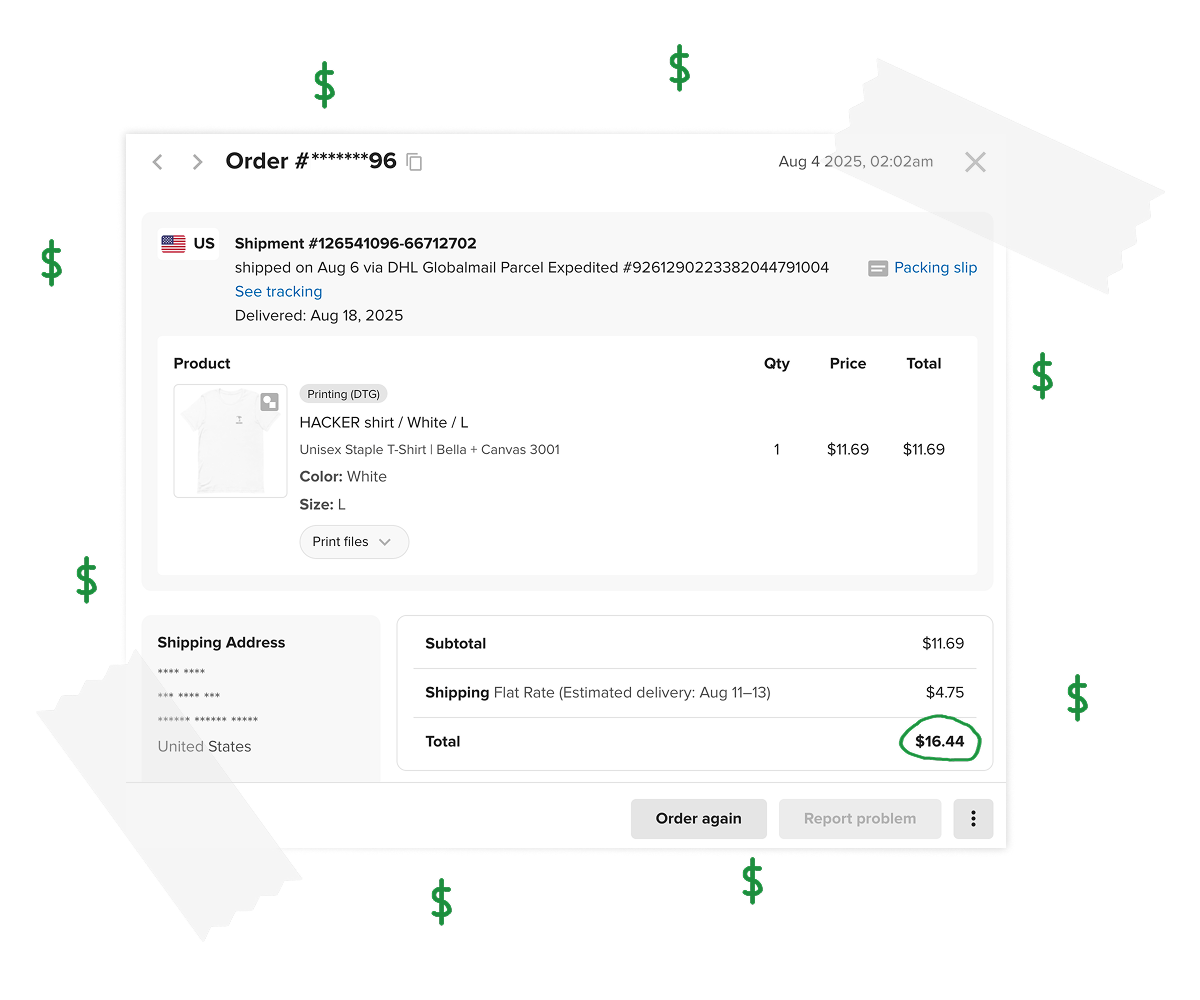 A payment portal showing a total of $16.44 for a custom shirt